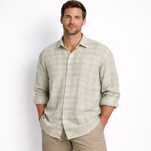 Tommy Bahama Relax Linen Plaid Button Front Shirt Long Sleeve Green XXL Tropical